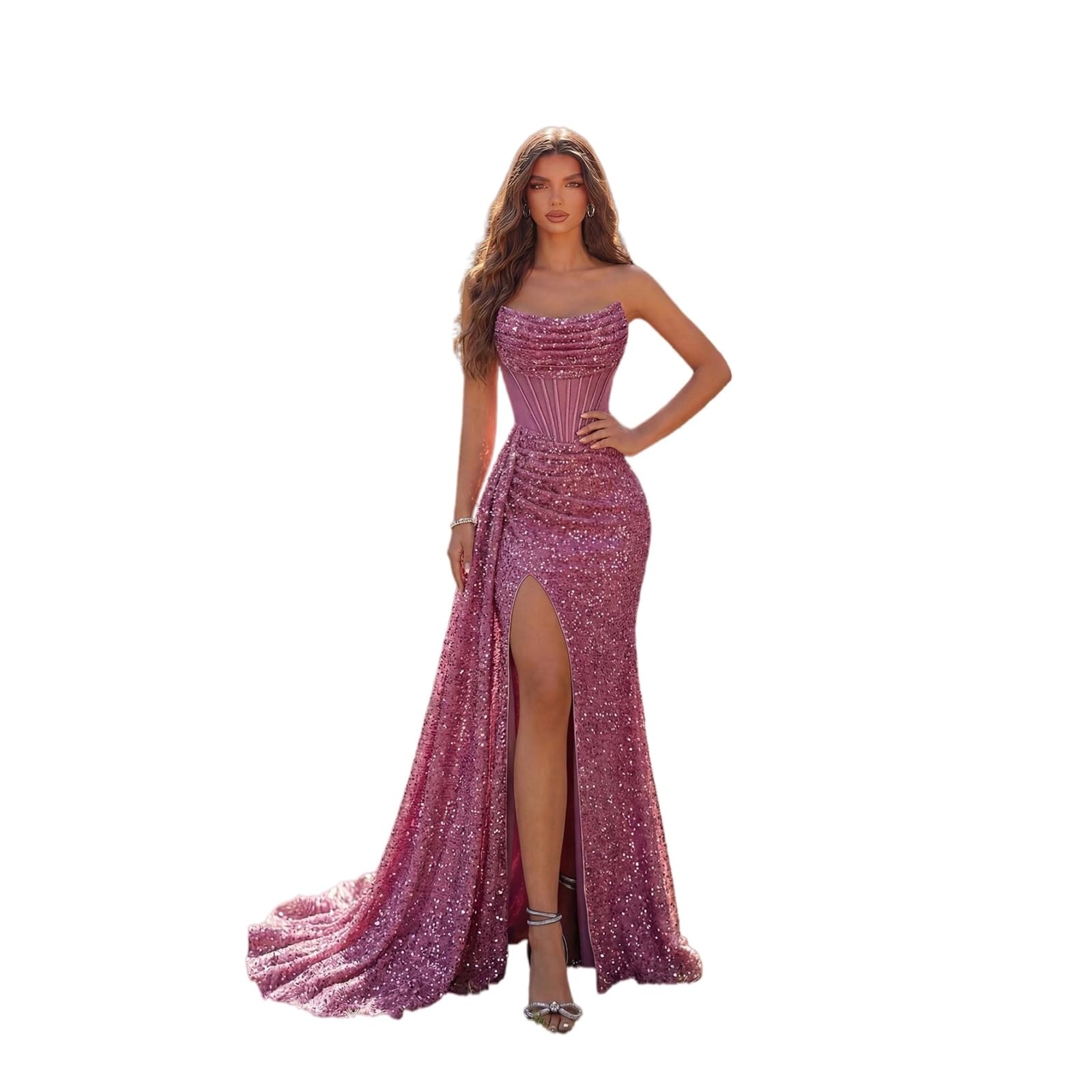 Vestito 2026 Abito da Sera Formale Donna con Paillette, Alta Fessura E Schiena Aperta Pizzi per Feste Ed Eventi-pink-2-united States