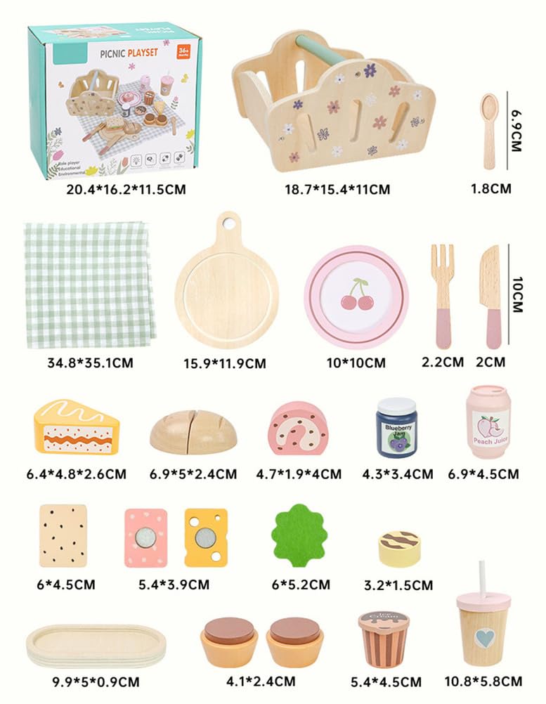 Set da Picnic in Legno, Set di Gioco per Finta tè del Pomeriggio con Dessert