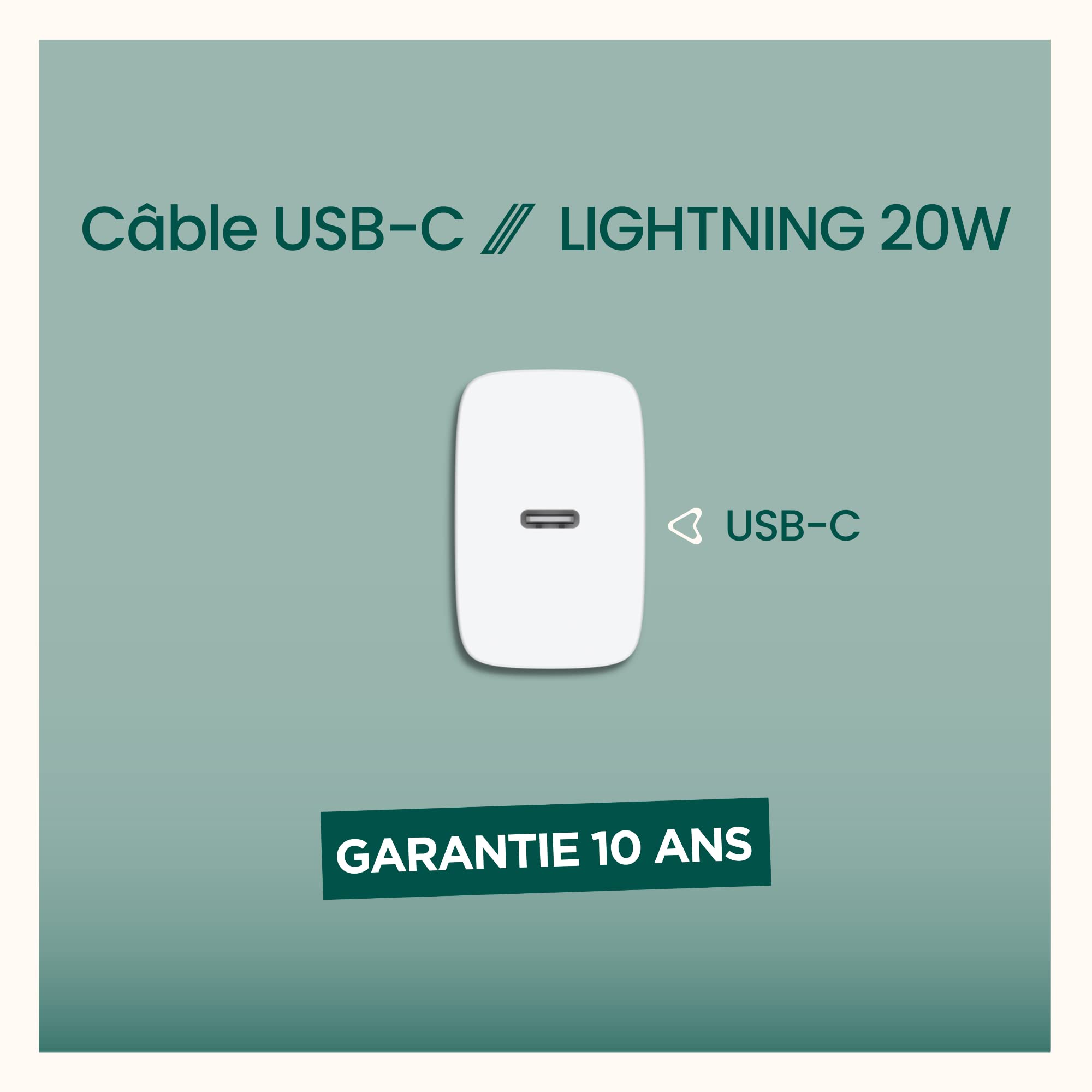 KeyOuest - Kit Chargeur Secteur 20W + Câble USB-C vers Lightning eKOgreen - Câble MFI d’1,20m - Recharge de 0 à 50% en 30 Minutes - 100% Plastique Recyclé Post-Consommation, Certifié - Blanc