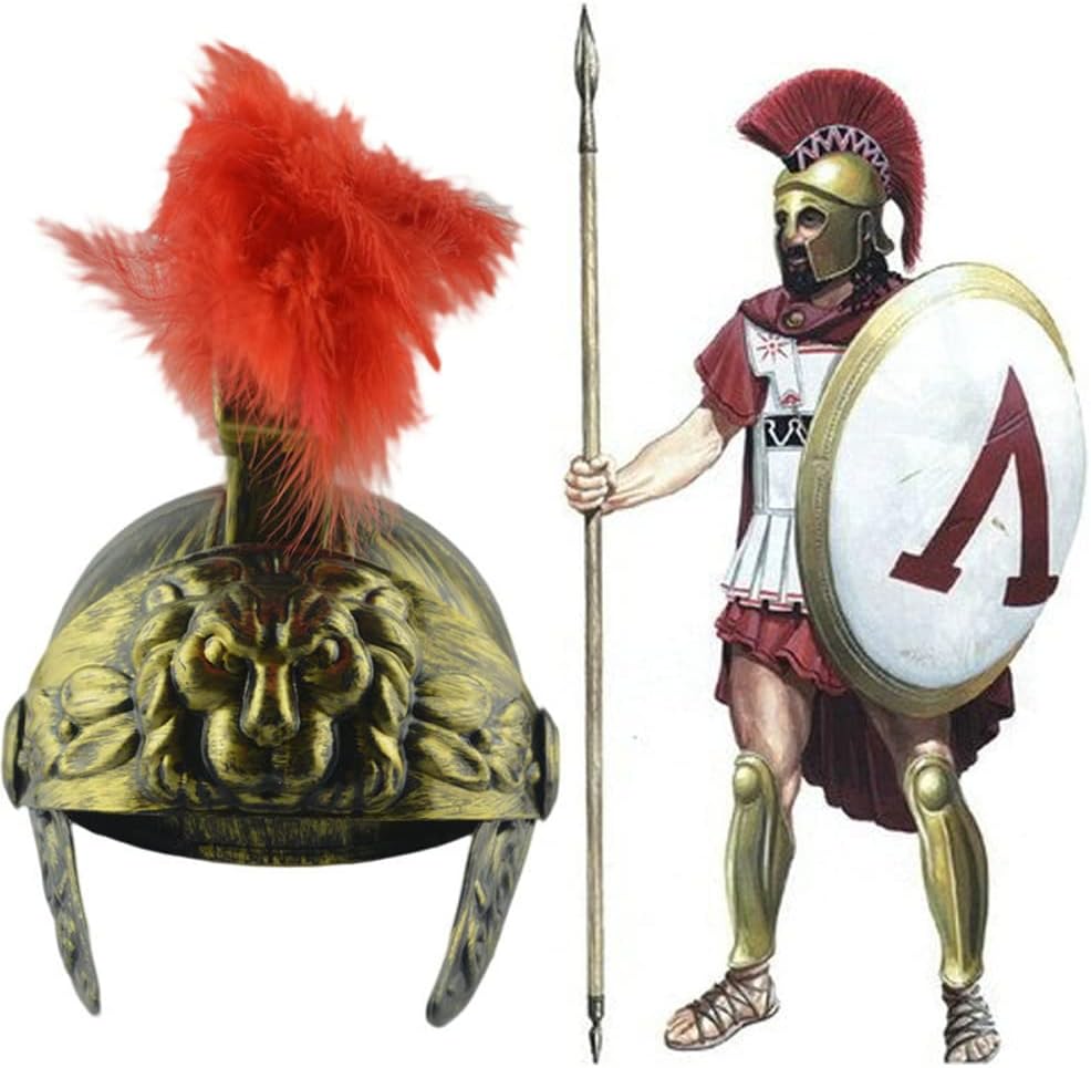 Roman Helmet Gold, Spartan Warrior Costume Helmet with Red Comb and Feathers, Foldable Visor for Cosplay Theme Parties, One Size for Adults and Teens