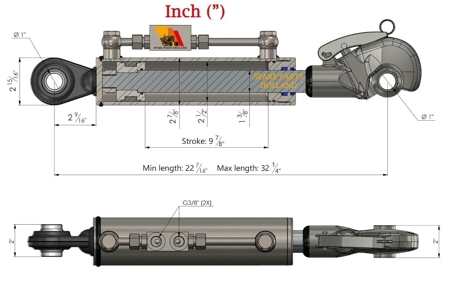 Hydraulic Top Link Cat. 2-2 with Locking Block Min. 22 7/16”→ Max. 32 1/4” with 2 x Hoses Stroke. 9 7/8"