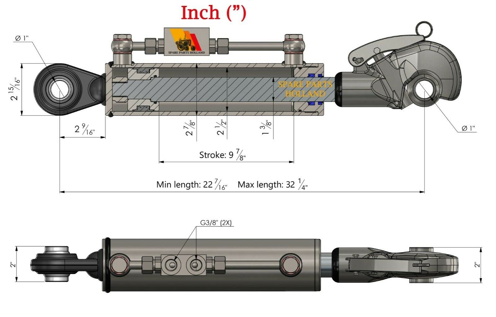 Tercer Punto Hidráulico Cat. 2 (600 - 876 mm) con Engache Rápido, Bloque de Bloqueo y 2 Mangueras