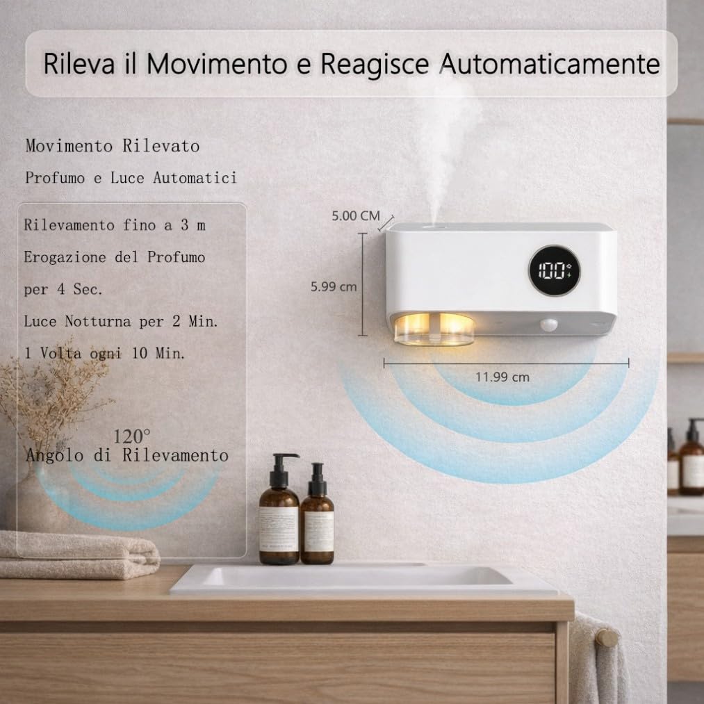 Diffusore di Oli Essenziali 80ml con Sensore di Movimento, Luce Notturna e Timer, Uso da Tavolo o Parete