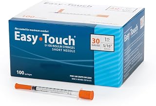 Easy Touch 30 Gauge U-100 Insulin Syringes (30G 0.5cc 1/2”) with 1/2” Long Needle, 0.5cc (50 Unit Capacity), Bold Markings for Accurate Dosing, Disposable, Box of 100