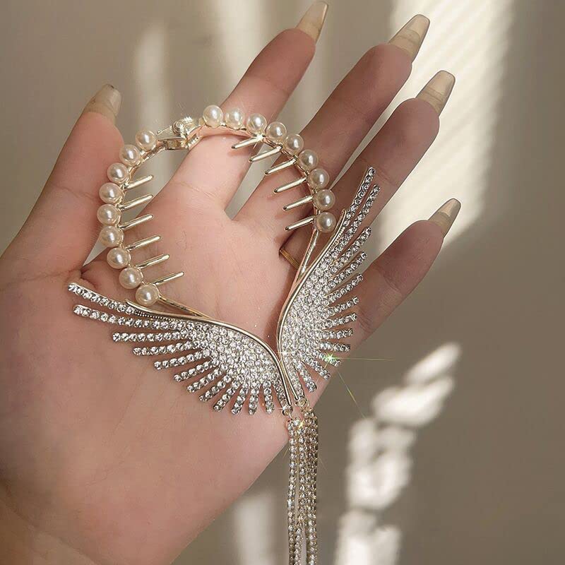 Tassel Ponytail Hairpin,Angel Wings High Rise Ponytail Hair Buckle Hairpin Fashion Diamond Tassel Pendant Hair Clip Pearl Luxury Hair Pins Shiny Hair Accessories for Women Girls image 4