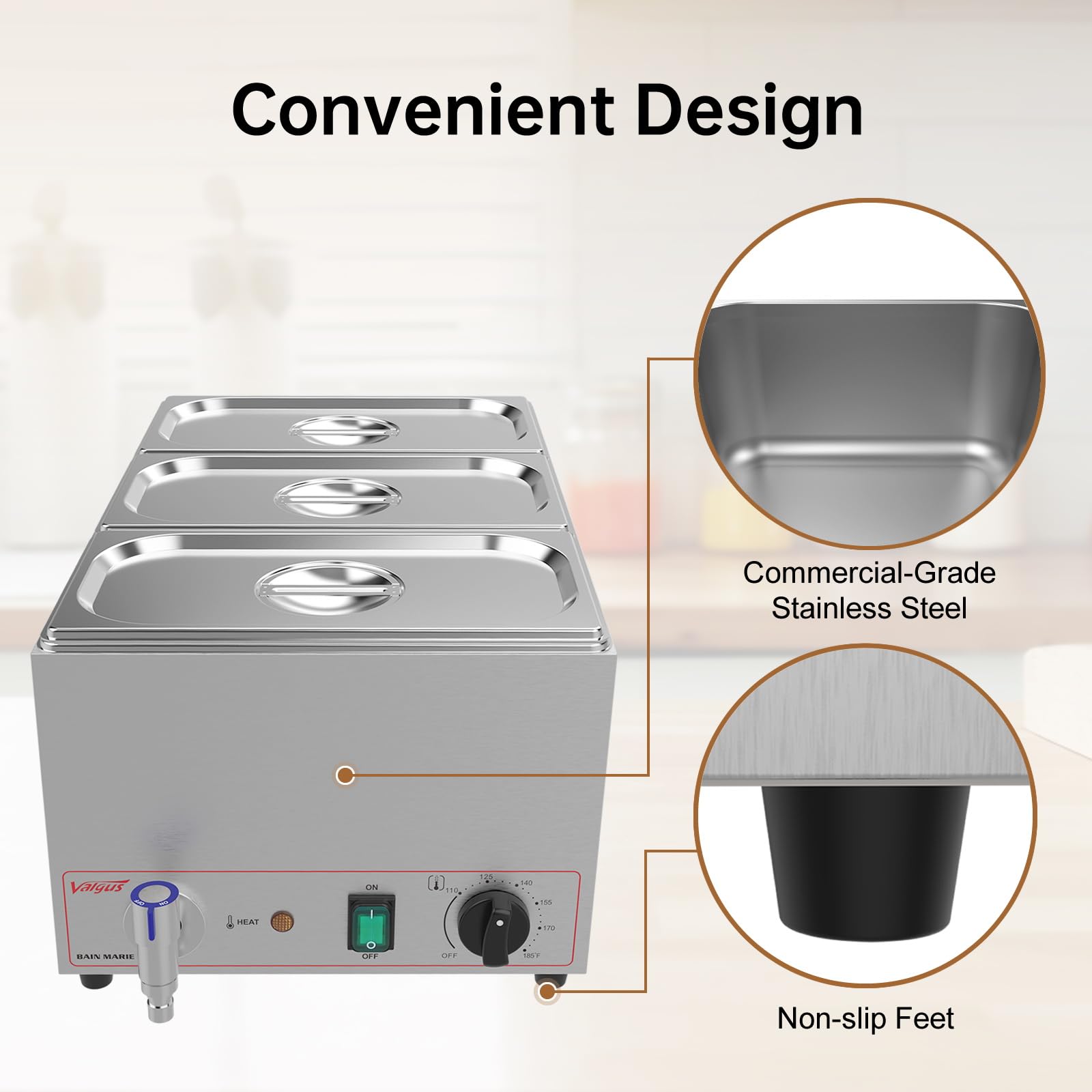 Valgus Commerciale Acier Inoxydable 3 Sections 16L Bain Marie RéChauffeur De Table éLectrique Vapeur avec Couvercle Et Robinet pour FêTes, Banquets Et éVéNements De Restauration
