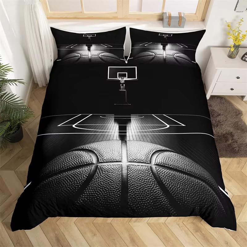 SJSXWQN Funda Nordica Cama 90 Baloncesto Negro Edredón Cama 90 para Niñas Niños con Cremallera Suave Transpirable Microfibra Fundas Nordicas 150x220 cm + 2 Fundas de Almohada 50x80 cm
