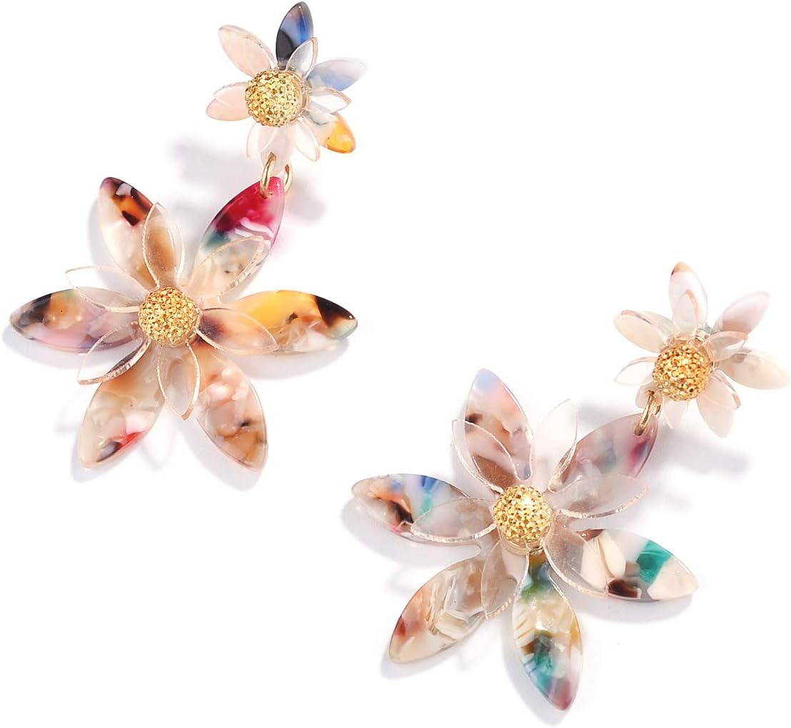 Nicole Miller New York Two Flowers Different Sizes Off-white Acrylic Transparent GoldDangle Earrings