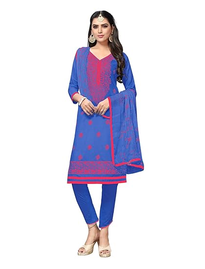 Women's Cotton Blend Lucknowi Chikankari Unstitched Dress Material (EJ1195-3024-Neela_Blue & Red)