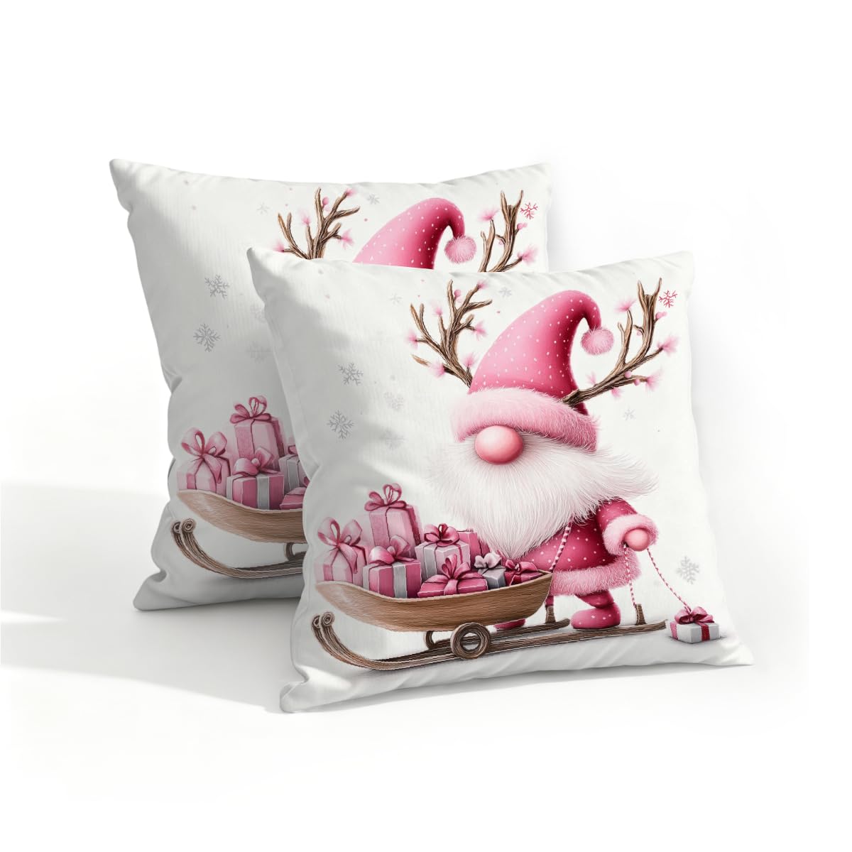 Outdoor Pillow Covers Waterproof Pillowcases 16x16IN Set of 2 Cute Pink Christmas Elk Santa Claus Sleigh Decorative Throw Cushion Case for Couch Sofa Garden Patio Furniture