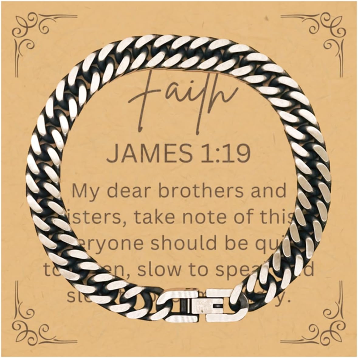 PARN'S Gifts For Christian Bible Verse - James 1:19 - Cuban Link Bracelet Faith Gifts For Son Dad Brother Nephew Boyfriend Husband, Religious Jewelry Bracelet Message Card Box