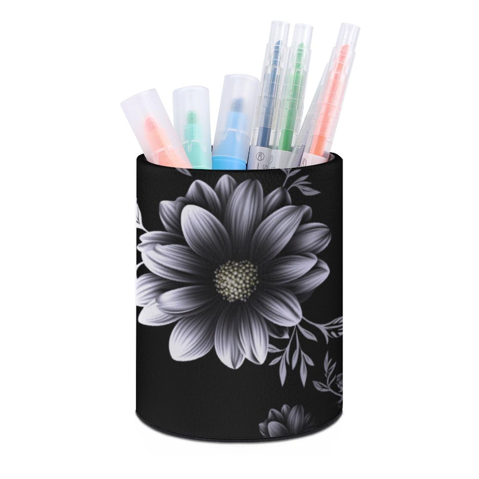 JTREHY Round Pen Holder,Black With Flower Printed Makeup Brush Storage Box for Home Office Dressing Table