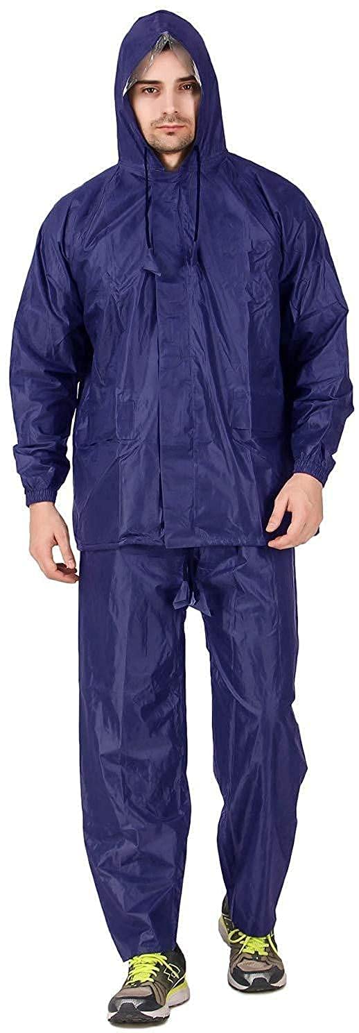 Blue Rain Suit Pant for Men's Waterproof Rain Suit Pant With Adjustable Hood Double Layer Bike Rain Jacket Pant With Storage - X-Large Size