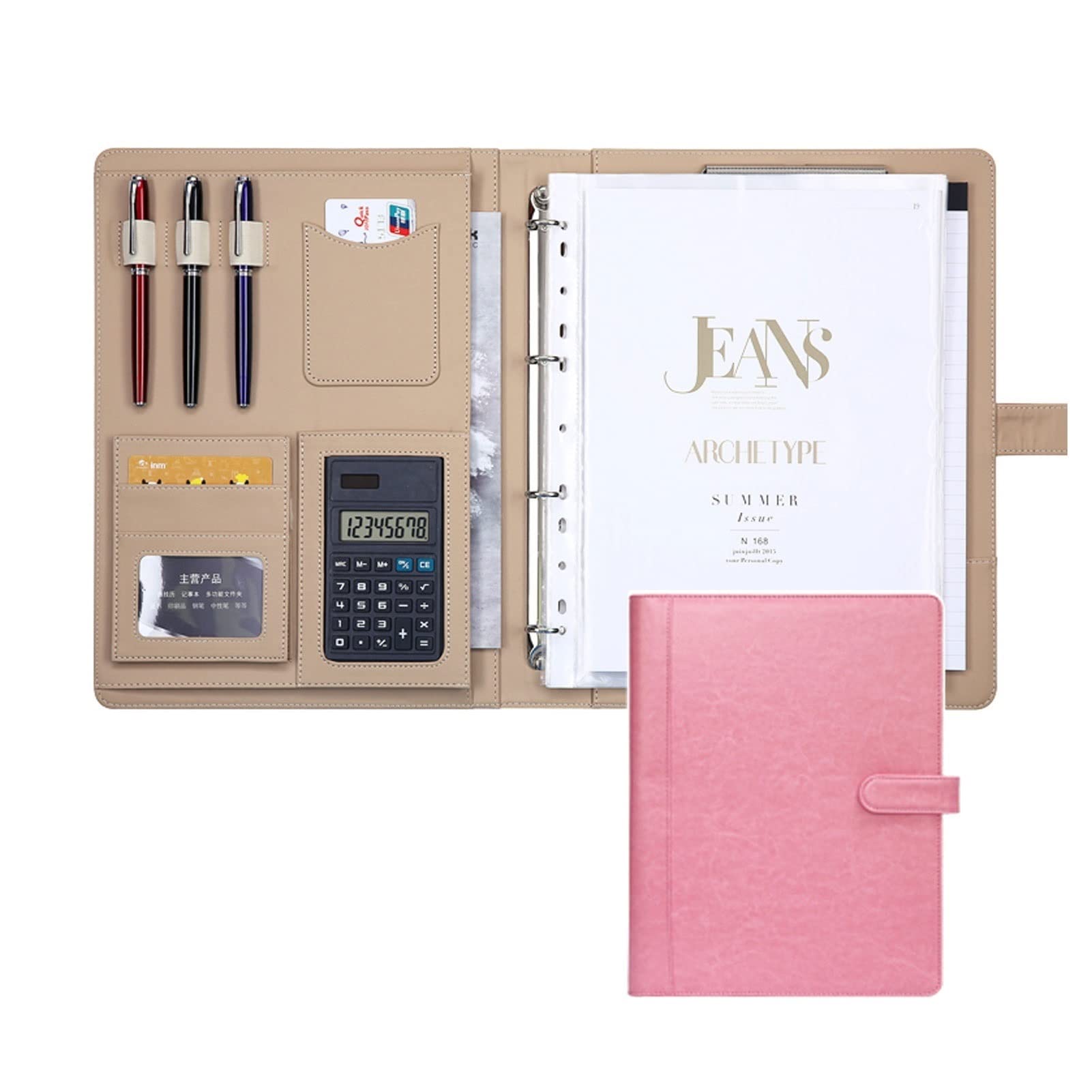 Teczka konferencyjna A4 z notatnikiem formatu A4 (papier notatnika w zestawie), etui na karty, kieszenie na konferencję biurową szkoły biznesowej (Color : Pink B, Size : 8-digit calculator)