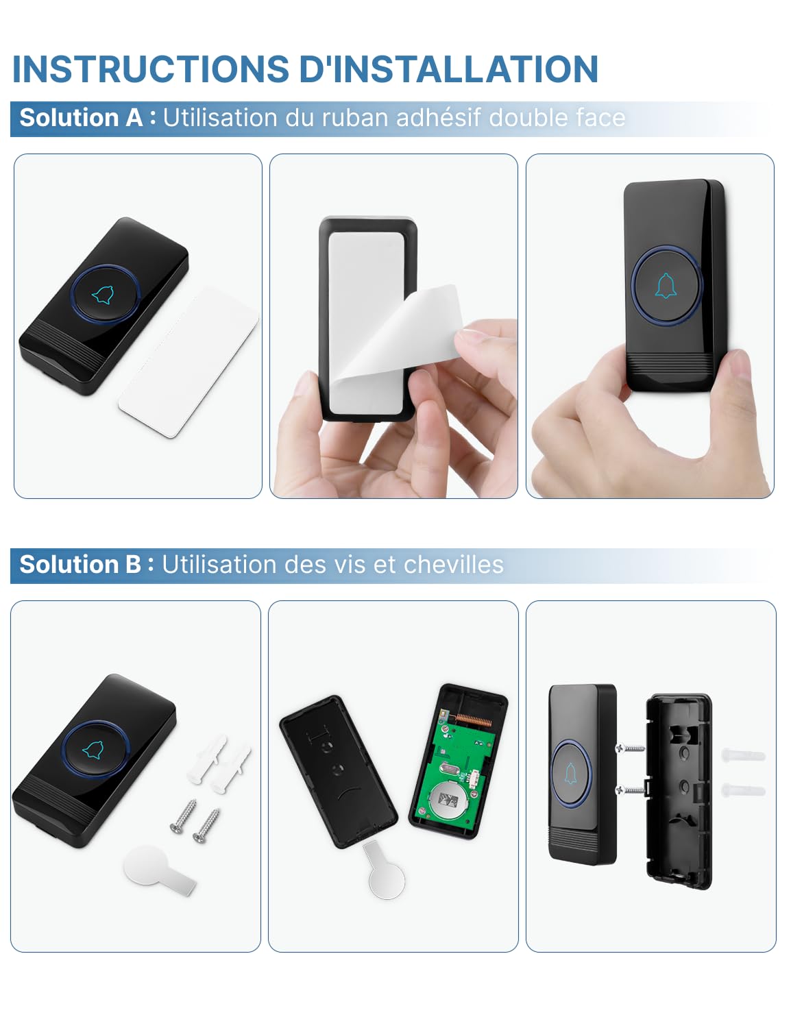 AVANTEK Sonnette sans Fil, Bouton de Sonnette, Carillon de Porte étanche IP55 avec 1 récepteurs enfichables, Flash LED, 5 Niveaux de Volume, 52 mélodies, portée de Fonctionnement de 400 m, Noir