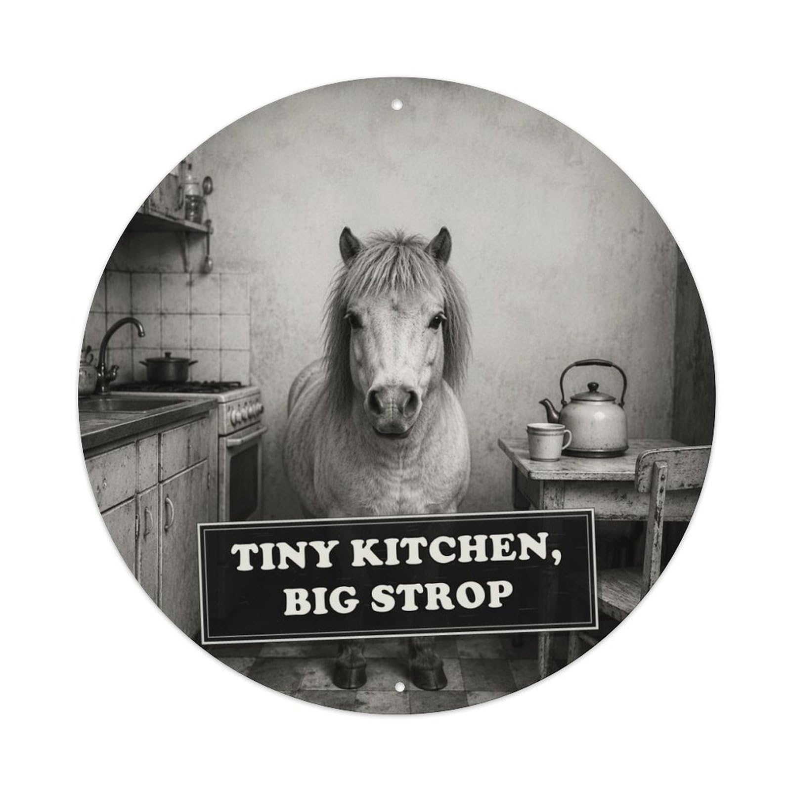 Farm Animal Pony Tiny Kitchen Storybook Anthropomorphic Humor Metal Tin Sign Plaque Wall Decor for Cafe, Man Cave, Club Bar, Office, Home Garden Round Metal Poster 8x8Inch