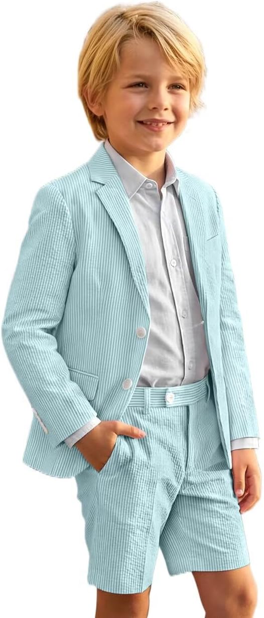 Seersucker Short Suits for Boys Wedding Outfit Boys Suit Set Shorts and Jacket