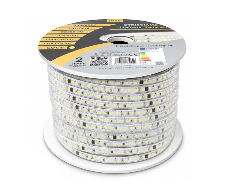 UNIVERSO 3535-120D BOBINA STRISCIA LED 220V IP65 100 METRI 120 LED/M 12W/M DA ESTERNO IP65– DISPONIBILE IN 3000K, 4000K, 6500K, ROSSO, VERDE, BLU, VIOLA E CELESTE, Bianco Freddo