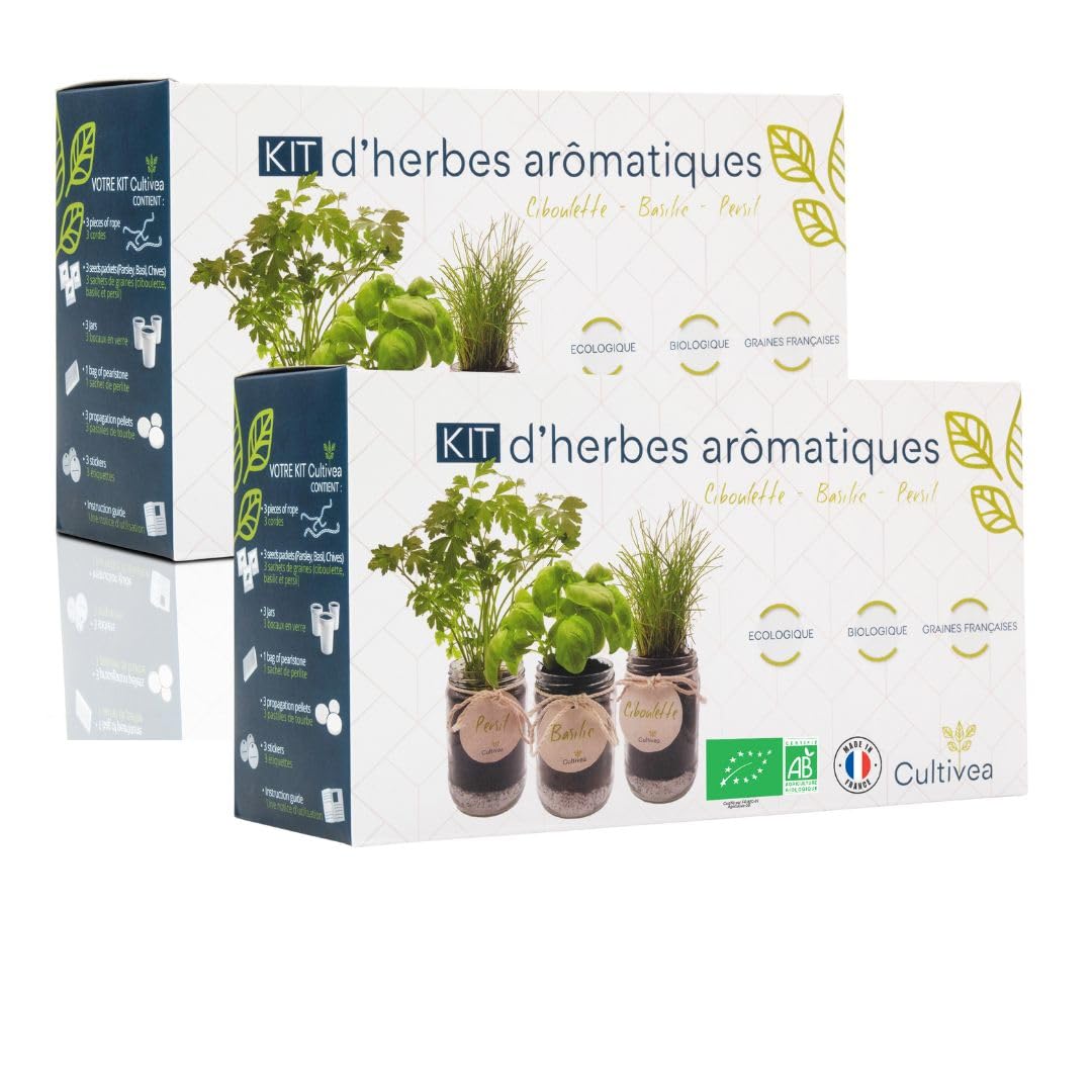 CULTIVEA 2 x Kräuter-Pflanzen-Set – 100 % Bio-Samen – hergestellt in Frankreich – Gemüsegarten im Innenbereich – Pflanze (Basilikum, Petersilie und Schnittlauch) – Geschenkidee