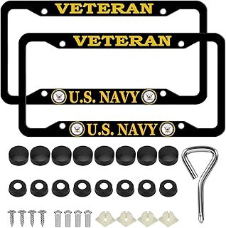 2 Pcs Aluminum Veteran License Plate Frame for U.S. Navy,4-Hole Matte Black for USN Car Licenses Plate Covers Holders Frames for Plates with Screw Caps