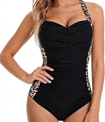 Womens Tummy Control Swimsuit, Swimming Costumes One Piece Leopard Swimsuit, Retro Ruched Detachable Chest Padded Swimwear