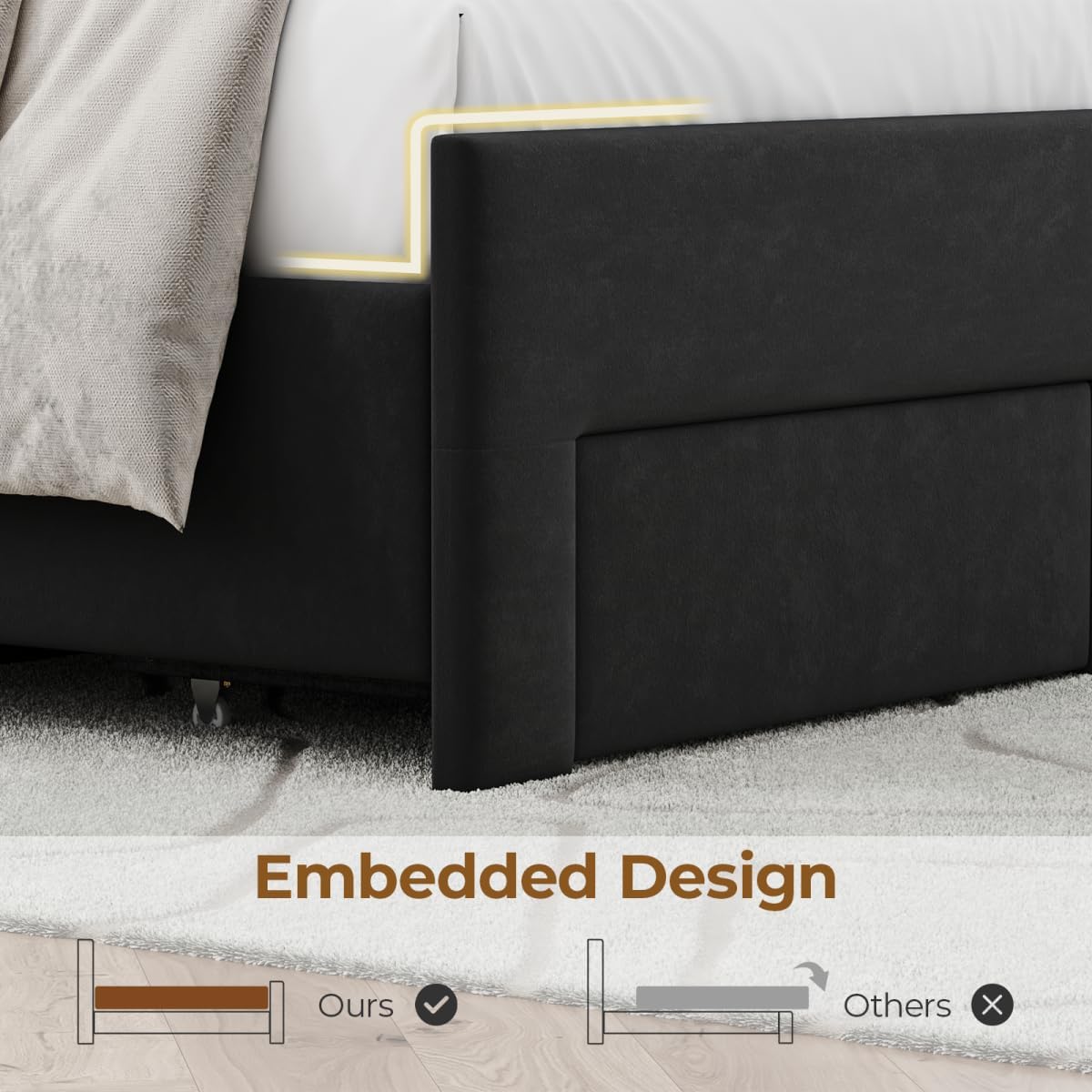 Full Size Bed Frame with Storage Drawers and Wingback Headboard, Velvet Upholstered Full Bed Frames Platform Bed with LED Lights, Wooden Slats Support, No Box Spring Needed, Noise-Free, Black