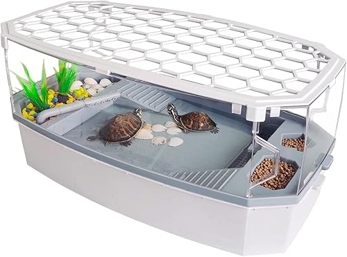 Miniatura 7 de VERABE Tanque pequeño de tortuga con tapa, acuario de tortuga de acrílico con bomba de agua, vista completa hábitat de tortuga visualmente reptil,