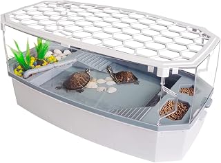 Small Turtle Tank with Lid, Acrylic Turtle Aquarium with Basking Platform, Full View Visually Reptile Tortoise Habitat, Easy to Clean and Change Water, Multi Functional Area, Medium, White