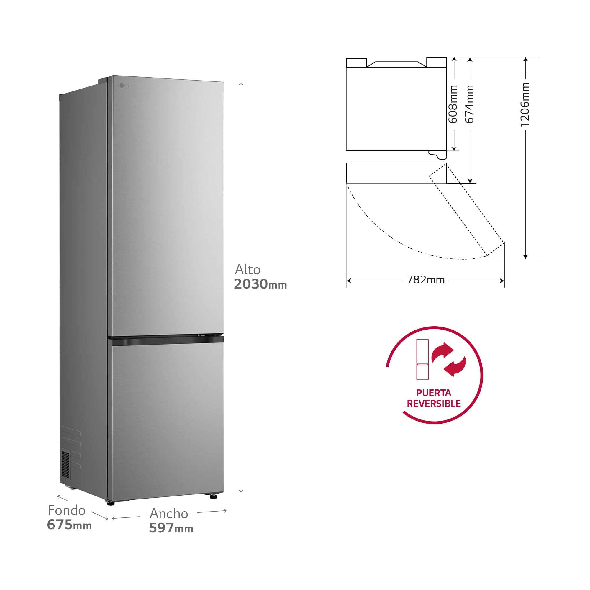 LG GBBSJ20DPY- Frigorífico Combi DoorCooling+, 2,03m, Clasificación D, Serie 200, Capacidad 375L, Inox antihuellas — view 2