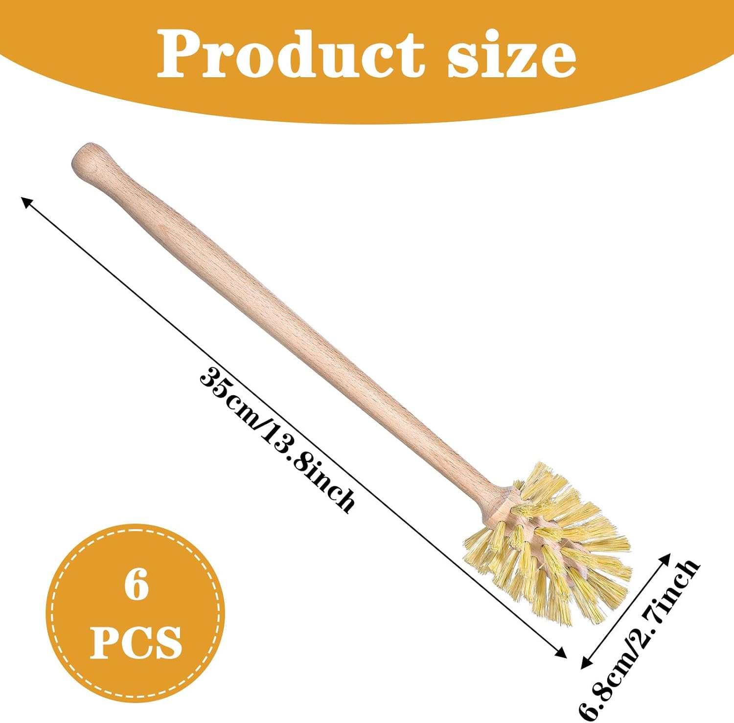 6-Pack Natural Wood Dish Brush Set with Long Beechwood Handle & Sisal Bristles, 13.8 x 2.7 Inch Bottle Brush for Cleaning Jars, Mugs, Glasses, Vases, Pitchers