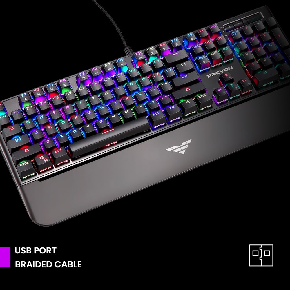 PREYON Long Claw Brown Klawiatura Gamingowa z Kablem w Oplocie - Podświetlana Klawiatura Mechaniczna z Rolką Regulacji Głośności i Magnetyczną Podpórką pod Nadgarstek -Switche Gateron Brown