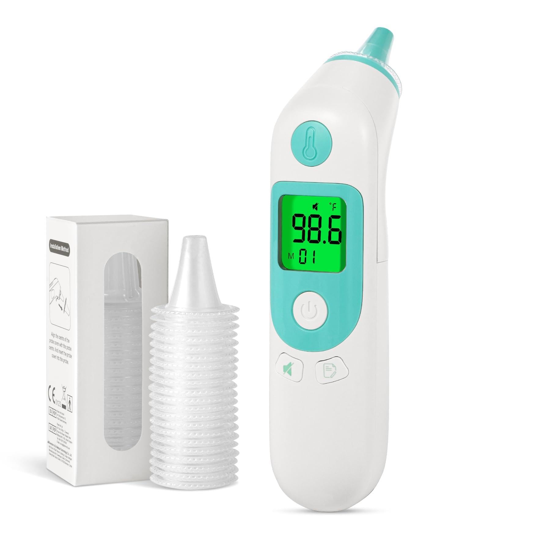 Thermometer for Adults and Kids, Accurate Baby Ear Thermometer with 3-Color Fever Indicator 40-Reading Memory F/°C Switch Mute Mode with Carrying Bag (White)