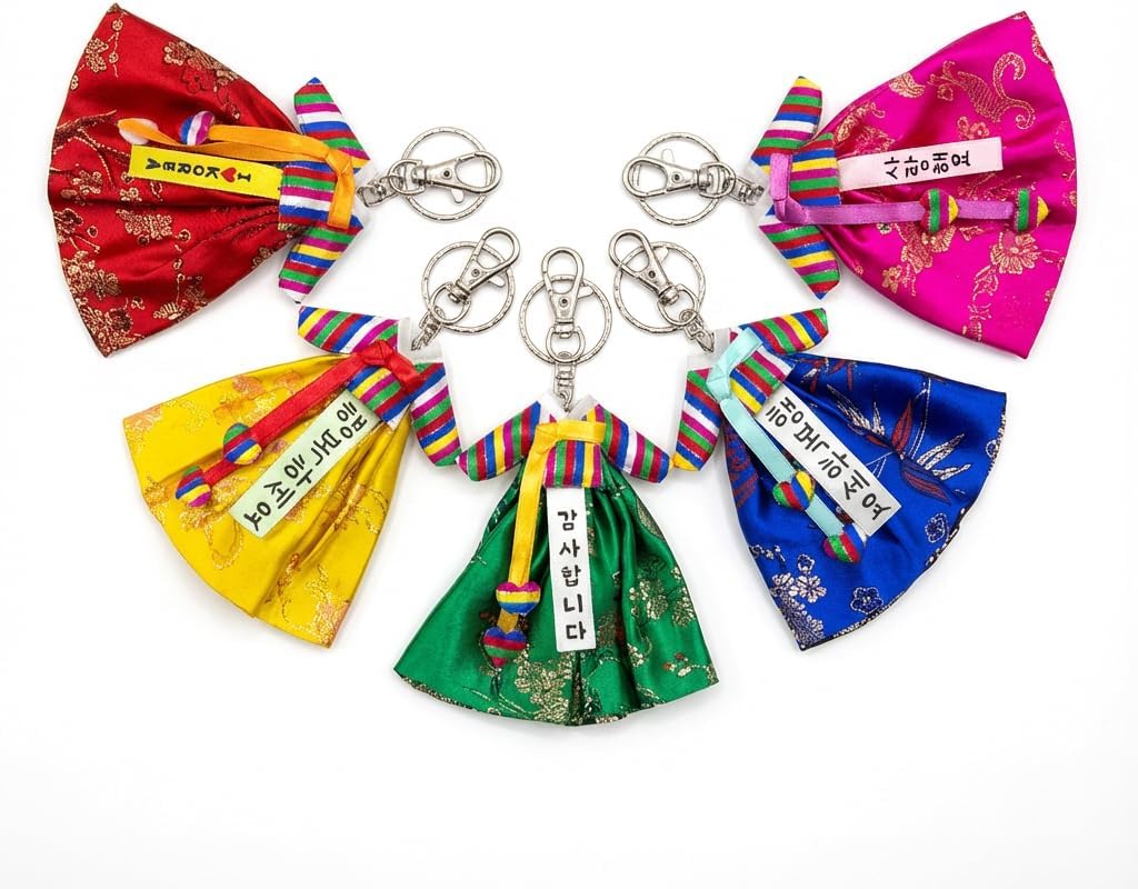 Korean Traditional Dress Design Keychain Set of 5 – Korean Key Ring Souvenir Gift, Colorful Cultural Bag Charm