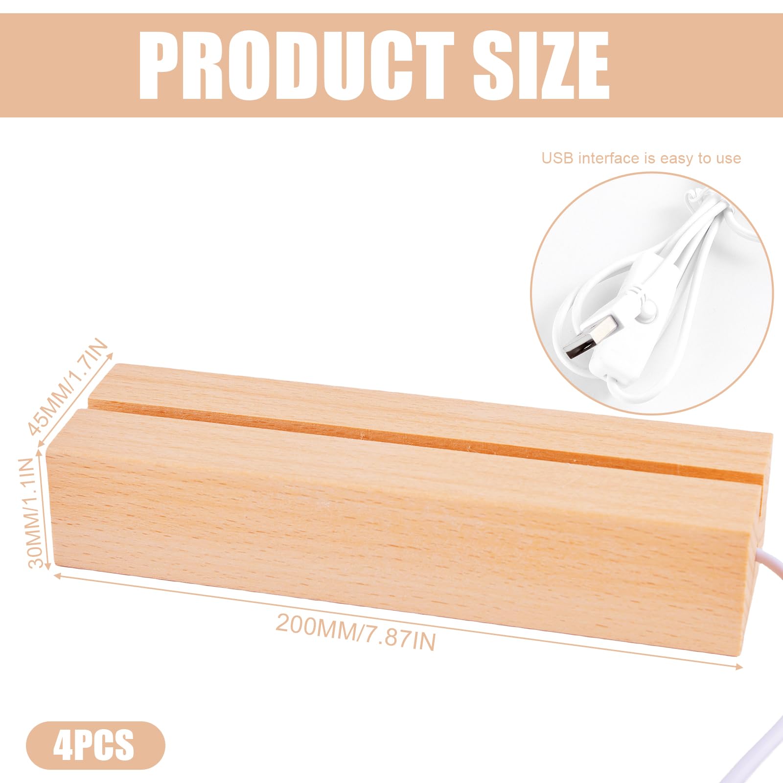 BAIFULAI 4 piedistalli LED in legno, 20 cm, base in legno, base luminosa con interruttore USB, colori caldi, base luminosa, base per display per 3 mm di spessore, piastra in acrilico, cristalli di