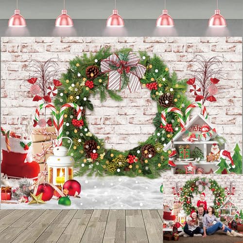 Telón de fondo con temática navideña, Feliz Navidad, ladrillo blanco, fondo de fotografía de pared de bastón de caramelo rojo, pancarta para retratos de familia, niños, sesión de fotos, decoración de