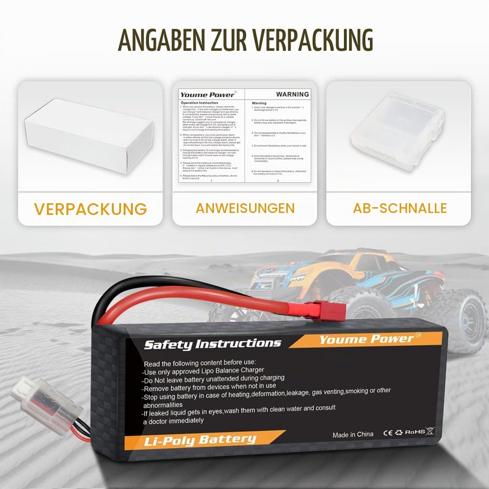 Youme 2S LiPo Akku 7,4V 5200mAh 50C Hardcase T for RC Auto LKW Boot 2Stück | RC Akku 2S 5200mAh Kompatibel mit HPI 1/8 1/10 RC Car Truck Boote, 2 Packungen, Hohe Entladrate, Robustes Hartschalenkoffer