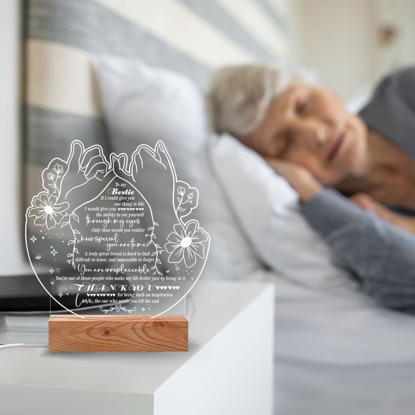 Bestie Gifts Heartfelt LED Night Light for Best Friend - Bestie Birthday Gifts - USB Powered Lamp with Pinky Promise Design and Touching Message - Wooden Base - Perfect Friendship Gift for Home Decor - Image 5