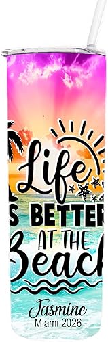 AVITO Vaso de playa personalizado – Vaso de acero inoxidable delgado de 20 onzas – Regalo de vacaciones – Life Is Better at the Beach – Vasos de