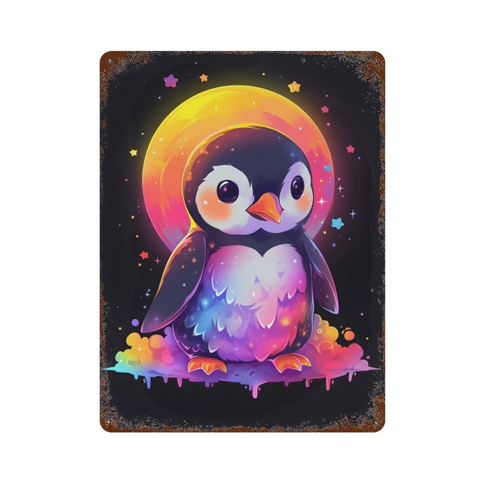 Garage Style Colorful Penguin And Moon Aged Metal Wall Plaque 15.7"x11.8", Vintage Wall Decor for Bar And Workshop