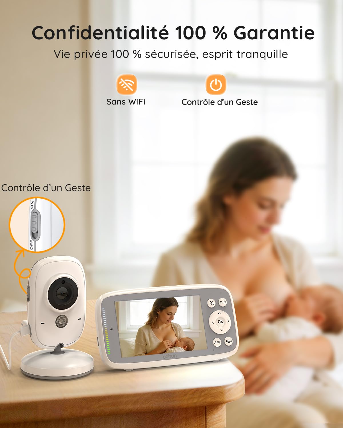 Boifun Babyphone Camera Bebe Surveillance sans WiFi, Vision Nocturne Infrarouge Invisible,4 Pouces, HD 720P, Interphone Bidirectionnel, Berceuses, Détecteur Température/Son, Zoom 3x, Rappel de Biberon