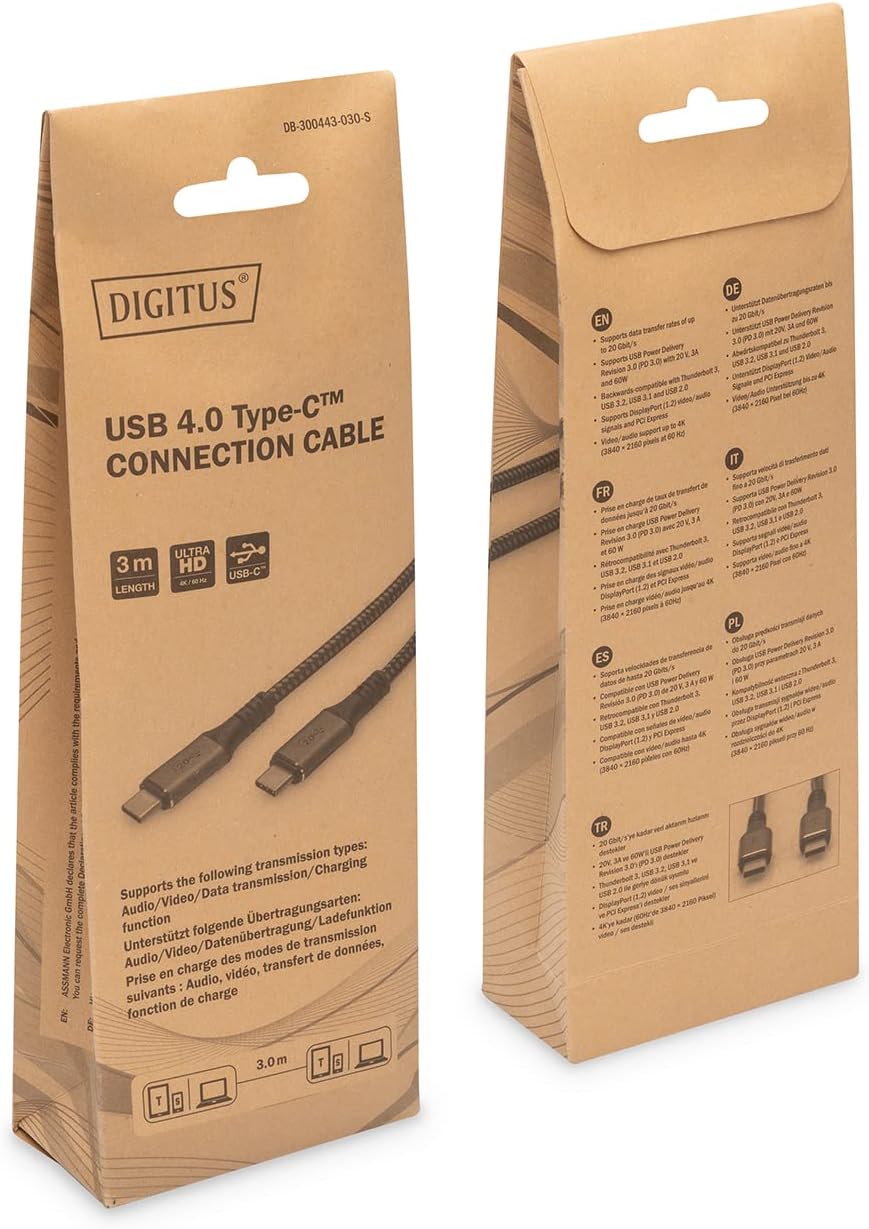 DIGITUS USB-C Connection Cable - USB 4.0 - Power Delivery 3.0-20 Gbps - 4k/60Hz - 3m - Black