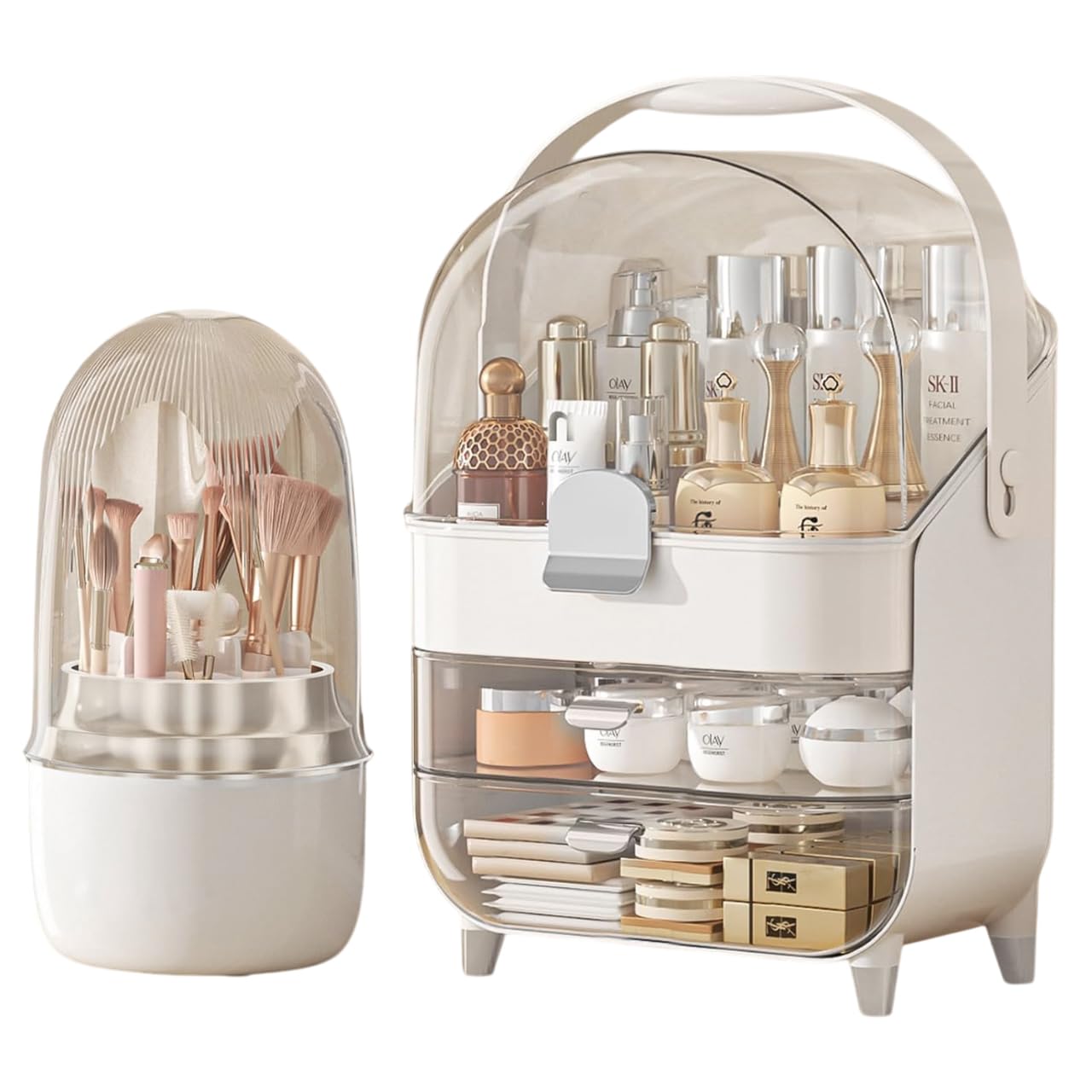 Multi-Purpose Makeup Organiser Case with Rotating Brush Holder - Dustproof Cosmetic Storage Box for Skincare Products, Jewellery, Perfumes, Lipstick for Bedroom Bathroom Countertop (White/Silver)