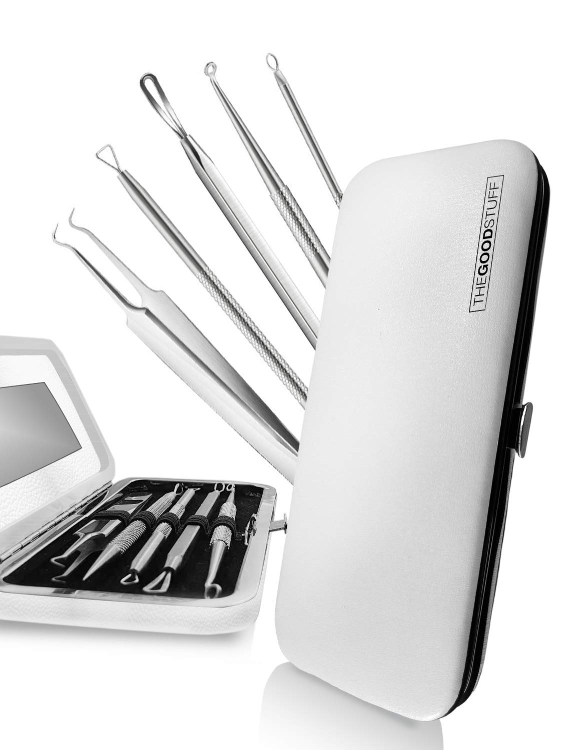 Pimple Popper Tool Kit - (9 Piece Kit) - Blackhead Remover Comedone Extractor Kit with Mirror Case for Quick and Easy Removal of Blackheads, Whiteheads, and Acne Spot Treatment, Milia Remover - White