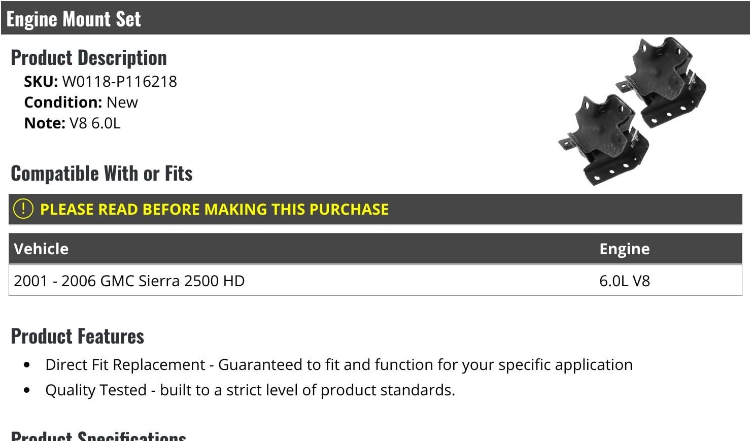 Engine Motor Mount - Set of 2 - Compatible with 2001-2006 GMC Sierra 2500 HD 6.0L V8