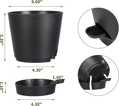 Miniatura 5 de Macetas de riego automático de 8 pulgadas para interiores, paquete de 6 macetas de plástico con agujeros de drenaje, color negro