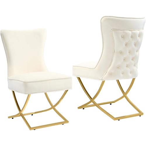 Elegance Velvet Dining Chairs Set of 2, Luxurious Upholstered Tufted Dining Room Chairs, Glam Royal Velvet Accent Chairs with Stainless Steel Legs, Beige