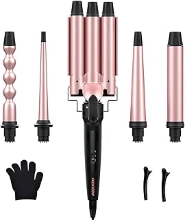 Wand Curling Iron, Curling Wand Set, MOCEMTRY Professional 5 in 1 Hair Curling Iron, Hair Curler with Interchangeable Barrels, Instant Heating & Adjustable Temperature, Glove & Hair Clip