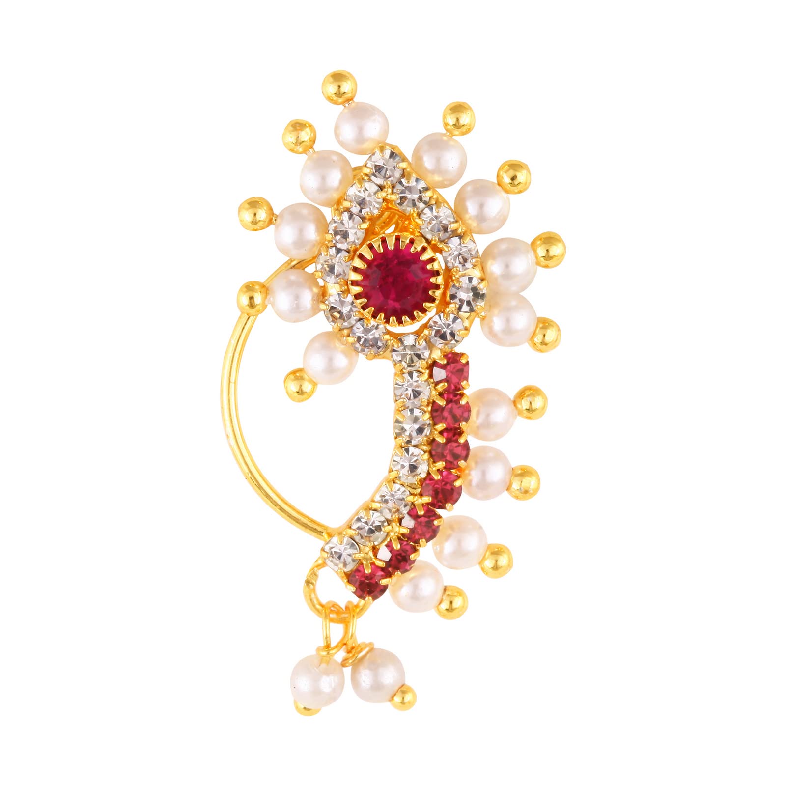 Vighnaharta Gold Plated with Pearl CZ and Artificial stone Non Piercing Maharashtrian Nath Nathiya./ Nose Pin valentine day gift valentineday gift for her gift for him gift for women gift for women {VFJ1188NTH-Press-Red}-image-37
