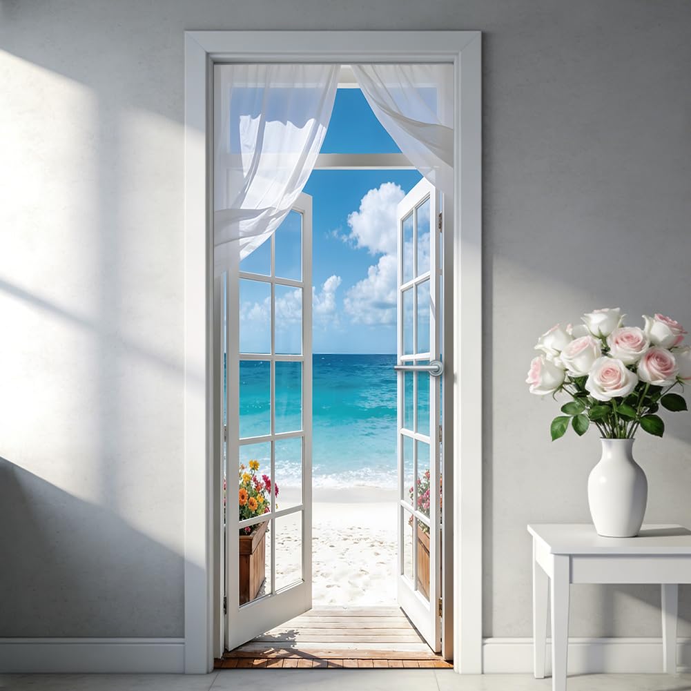 TNKBREEZE 2Pcs 3D Open Door Stickers Beach Ocean Peel and Stick Vinyl Full Door Decals Self-Adhesive Removable Covers Mural Home Decor for Bedroom Living Room Wardrobe 78.7"x15.7"