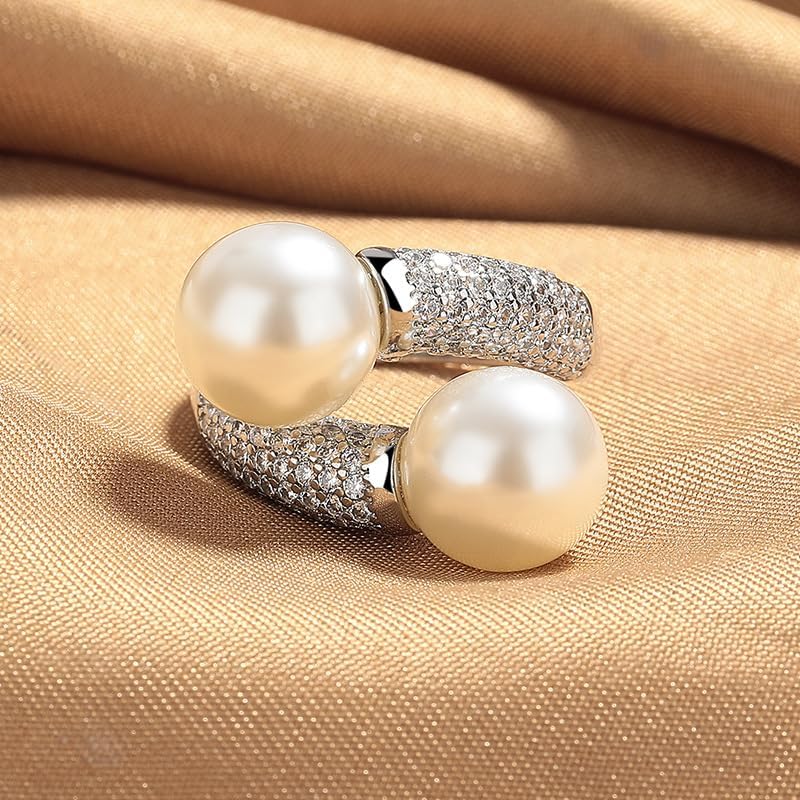 Gziweuwi Women's 925 Sterling Silver Luxury Double Pearl Ring Micro Paved CZ High-End Design Fashion New Style Open Adjustable Statement Index Finger Ring
